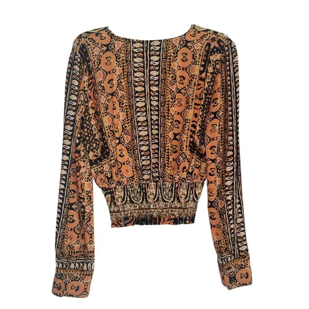 Free People Wild & Free Long Sleeve Print Crop Top V-Neck Boho Size Small